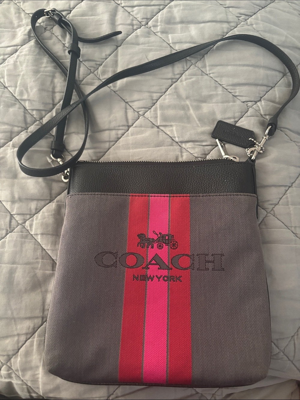 Coach Horse and Carriage Gray Crossbody with Red and Pink Center Stripe